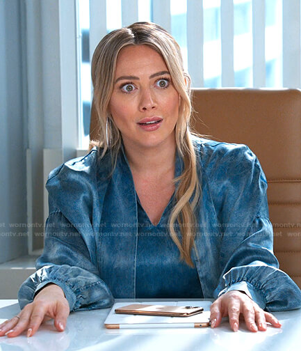 Kelsey’s blue satin tie neck blouse on Younger