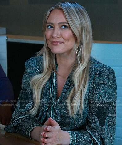Kelsey’s green printed tie neck dress on Younger