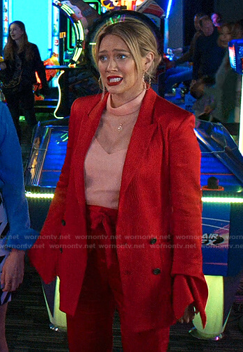 Kelsey’s red ruffled cuff blazer and pants on Younger