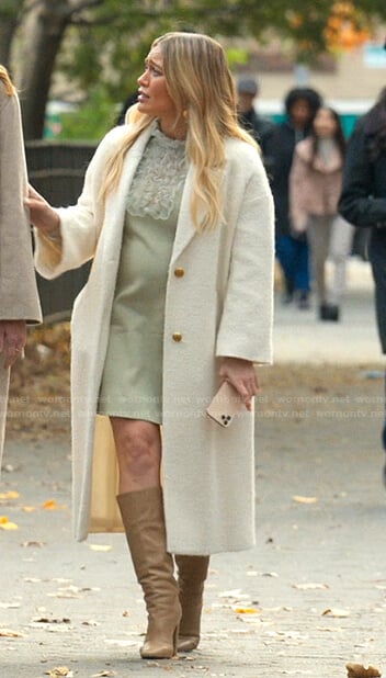 Kelsey’s green ruffle dress and white coat on Younger