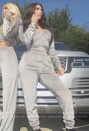 Kim’s gray cropped velvet hoodie on Keeping Up with the Kardashians