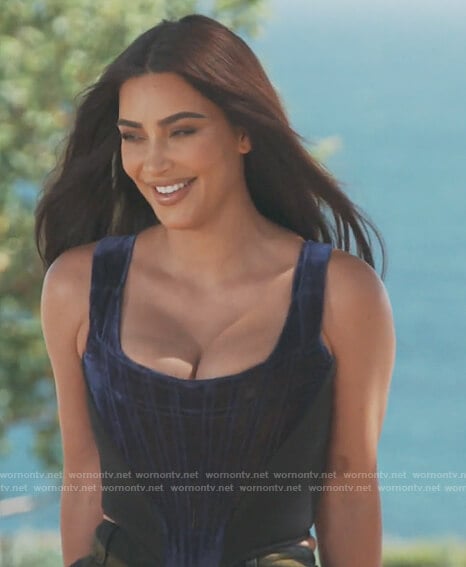 Kim’s blue velvet corset on Keeping Up with the Kardashians