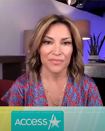 Kit’s blue and red cat print dress on Access Hollywood