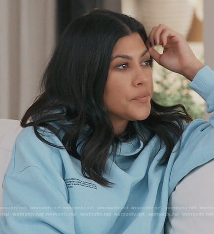 Kourtney’s blue hoodie with writing on Keeping Up with the Kardashians