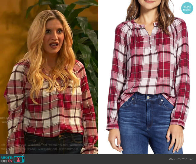 Lucky Brand Jessica Plaid Popover Blouse worn by Chelsea Grayson (Anneliese van der Pol) on Ravens Home