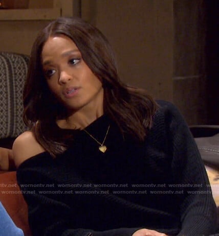 Lani’s black ribbed off-shoulder sweater on Days of our Lives