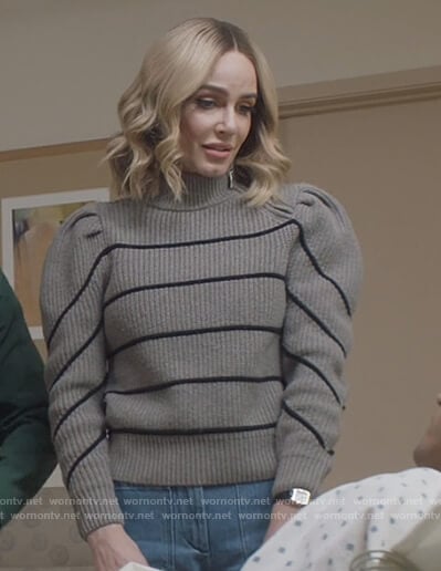 Laura’s gray stripe puff sleeve sweater on All American