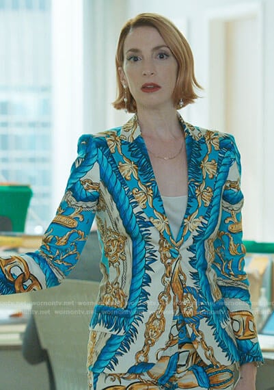 Lauren’s blue baroque print suit on Younger