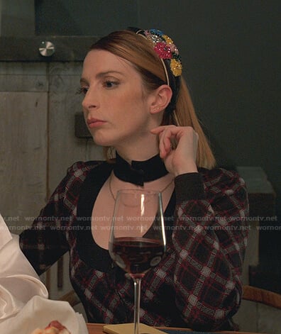 Lauren’s black plaid scoop-neck cardigan on Younger