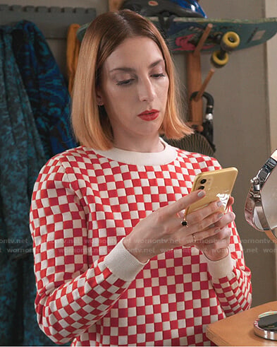 Lauren’s red and white checkerboard sweater on Younger