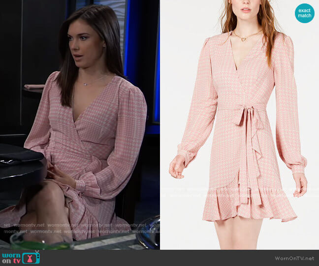 Leyden Ruffled Wrap Dress in Blush Houndstooth worn by Willow Tait (Katelyn MacMullen) on General Hospital