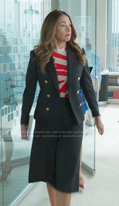 Liza’s culottes suit and red printed top on Younger