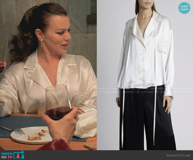 Loewe Satin Anagram Pajama Blouse worn by Maggie (Debi Mazar) on Younger