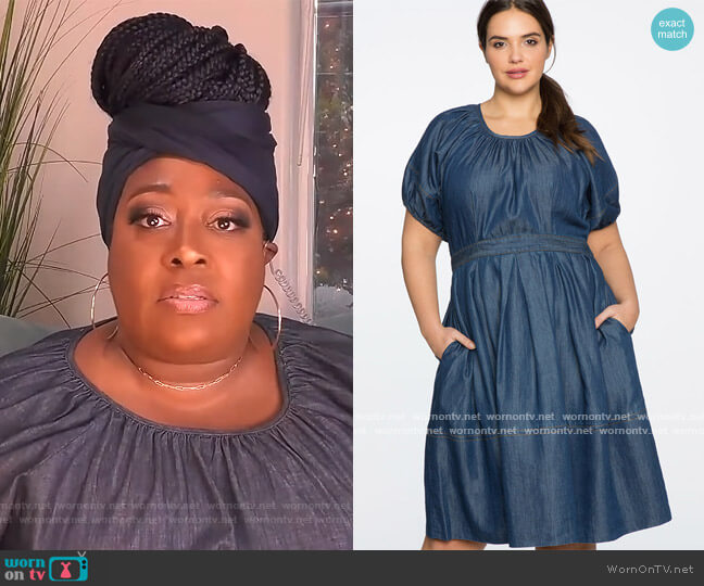Eloquii Puff Sleeve Chambray Fit and Flare Dress worn by Loni Love on The Real