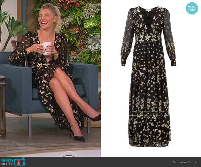 Love Shack Fancy Cyrena V-neck metallic-star silk-blend crepe dress worn by Amanda Kloots on The Talk