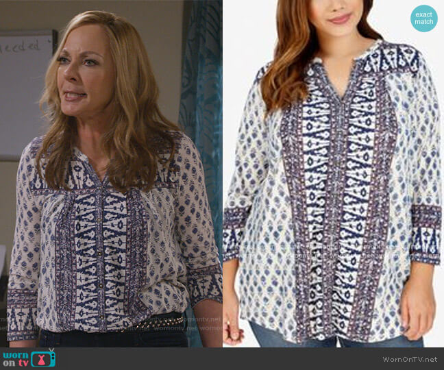 Lucky Brand Geometric Print Blouse worn by Bonnie Plunkett (Allison Janney) on Mom