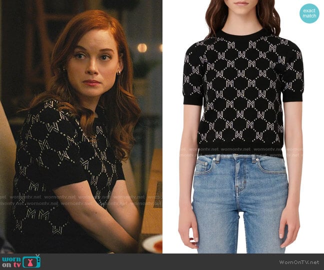 Maje Metallic Monogram Jacquard Short Sleeve Sweater worn by Zoey Clarke (Jane Levy) on Zoeys Extraordinary Playlist