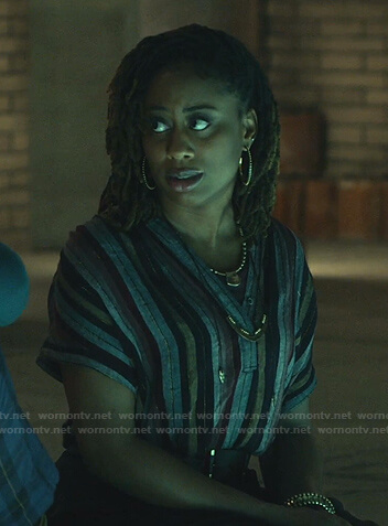 Malika’s multicolor striped short sleeve top on Good Trouble