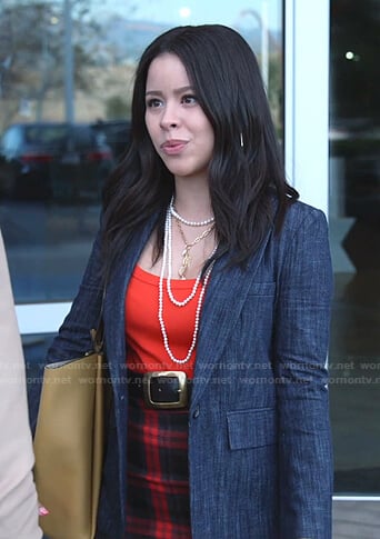 Mariana’s denim blazer and check pencil skirt on Good Trouble