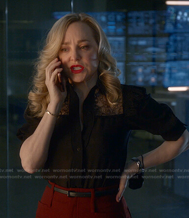 Marissa’s black lace panel blouse and wide-leg pants on Bull