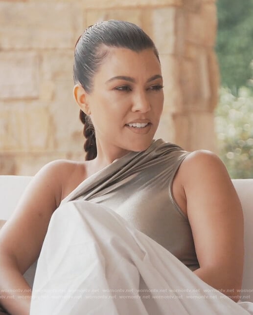 Kourtney’s metallic one shoulder swimsuit on Keeping Up with the Kardashians