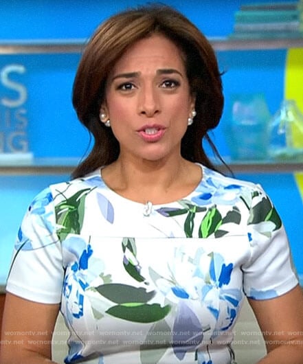 Michelle Miller’s white floral short sleeve dress on CBS This Morning