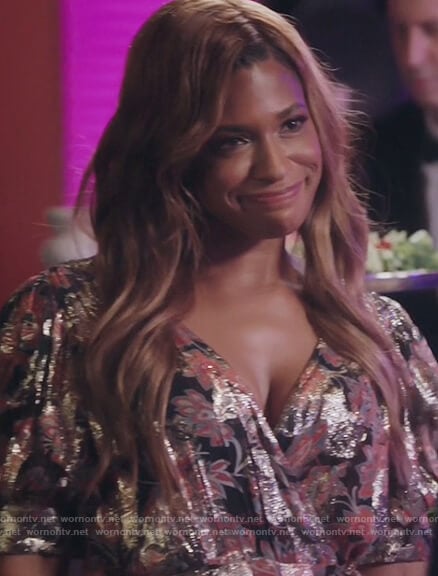 Mika’s metallic floral wrap dress on Kenan