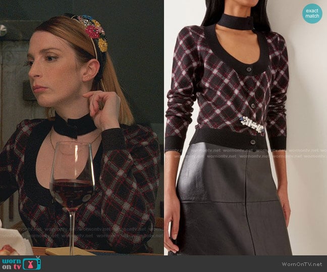 Miu Miu Embellished Cutout Plaid Wool Cropped Cardigan worn by Lauren (Molly Bernard) on Younger