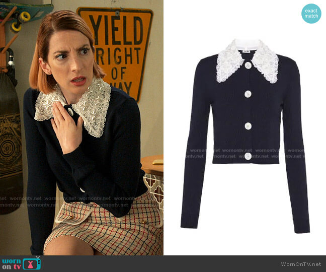 Miu Miu Lace Collar Cardigan worn by Lauren (Molly Bernard) on Younger