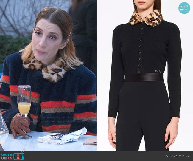 Miu Miu Leopard-Print Collar Cashmere Cardigan worn by Lauren (Molly Bernard) on Younger