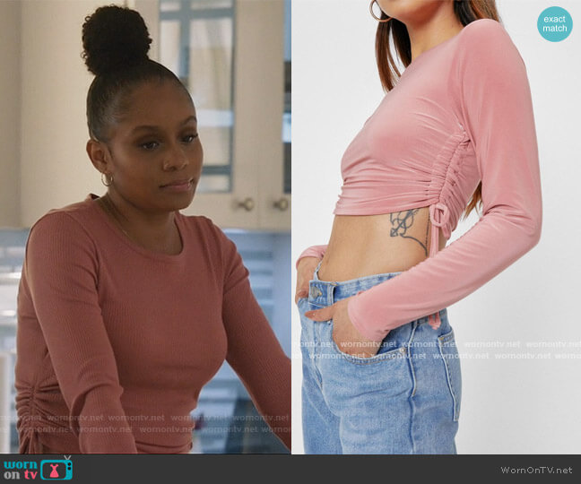 Petite Ruched Side Long Sleeve Crop Top