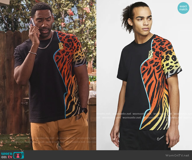Nike Kyrie Animal Print Tee worn by Moz McKellan (Anthony Alabi) on Family Reunion