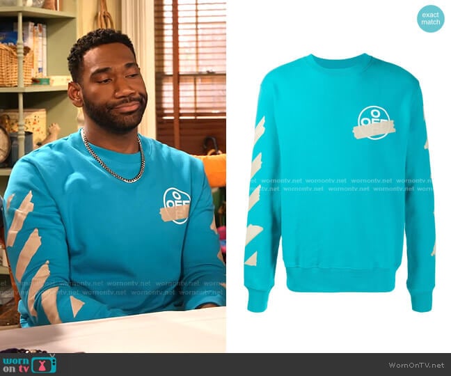 Off-White Tape Arrows Sweatshirt worn by Moz McKellan (Anthony Alabi) on Family Reunion