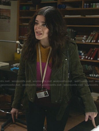 Olive’s green suede moto jacket on Manifest
