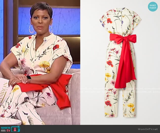 Oscar de la Renta Bow-detailed floral-print cotton-blend poplin jumpsuit worn by Tamron Hall on Tamron Hall Show