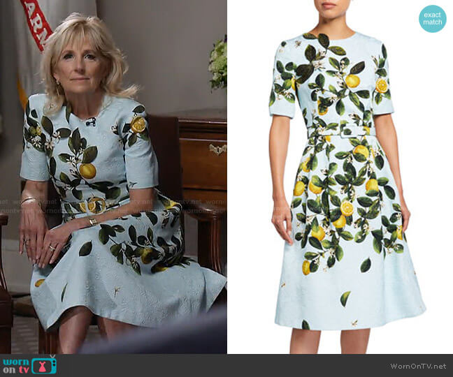 Oscar de la Renta Lemon Print Belted Midi Dress
