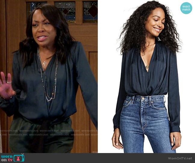 Paige Sevilla Bodysuit in Navy worn by Tina Butler (Tichina Arnold) on The Neighborhood