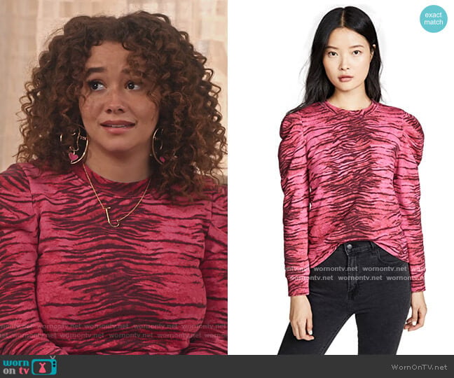 Pam & Gela Tiger Puff Sleeve Sweatshirt worn by Jade (Talia Jackson) on Family Reunion