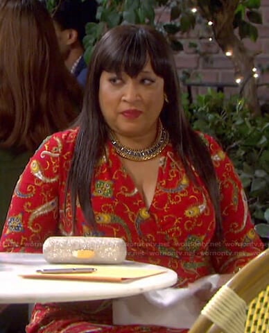 Paulina’s red paisley print wrap dress on Days of our Lives