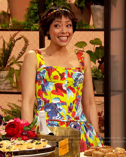 Pilar Valdes’s yellow floral print blouse and skirt on The Drew Barrymore Show