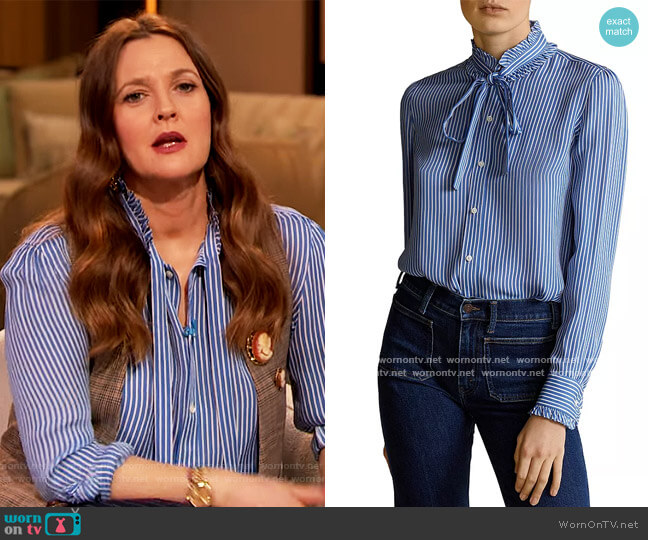 Ralph Lauren Ruffled Striped Silk Blouse worn by Drew Barrymore on The Drew Barrymore Show