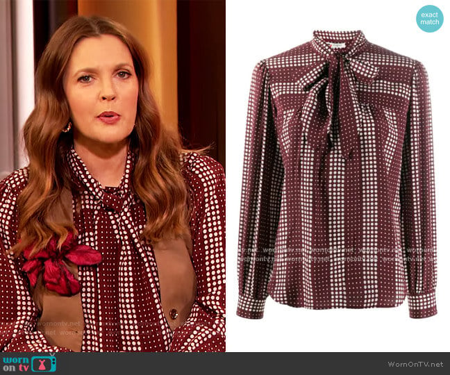 Ports 1961 Spotted Silk Pussy Bow Blouse worn by Drew Barrymore on The Drew Barrymore Show