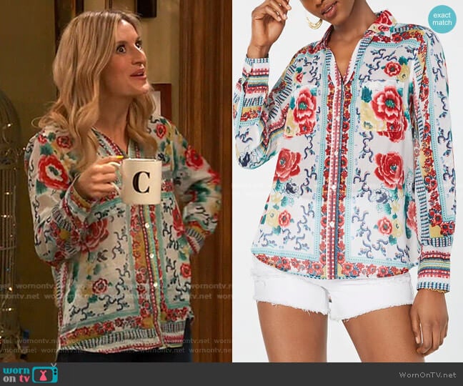 Raga Melissa Cotton Printed Button-Up Shirt worn by Chelsea Grayson (Anneliese van der Pol) on Ravens Home