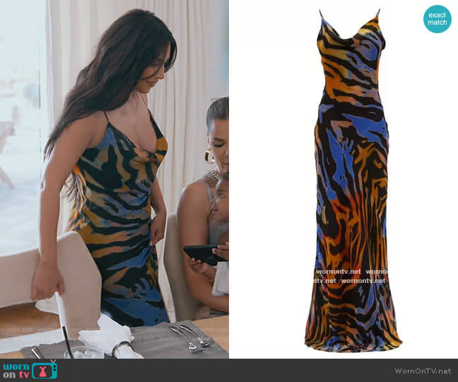 Rat & Boa Fabienne zebra-print open-back chiffon slip dress worn by Kim Kardashian on Keeping Up with the Kardashians