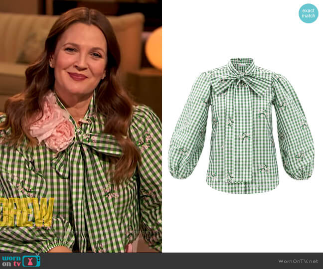 RED Valentino Gingham Pussy Bow Blouse worn by Drew Barrymore on The Drew Barrymore Show