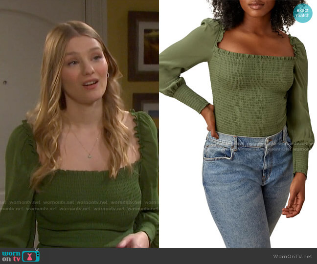 Reformation Pinto Smocked Top worn by Alice Caroline Horton (Lindsay Arnold) on Days of our Lives