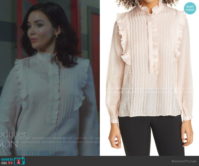 Reiss Taylor Ruffle Detail Jacquard Blouse worn by Bess (Maddison Jaizani) on Nancy Drew