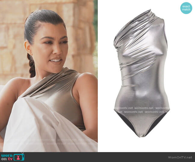 Rick Owens Metallic one Shoulder Swimsuit worn by Kourtney Kardashian on Keeping Up with the Kardashians