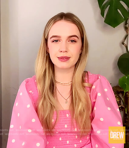 Roan Curtis’s pink polka dot smocked top on The Drew Barrymore Show