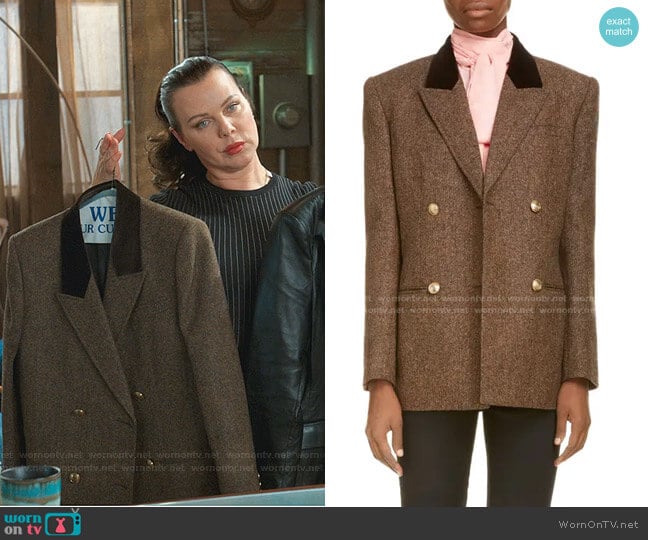 Saint Laurent Double Breasted Wool Tweed Blazer worn by Maggie (Debi Mazar) on Younger